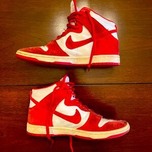 Red and White Nike SB Dunks.